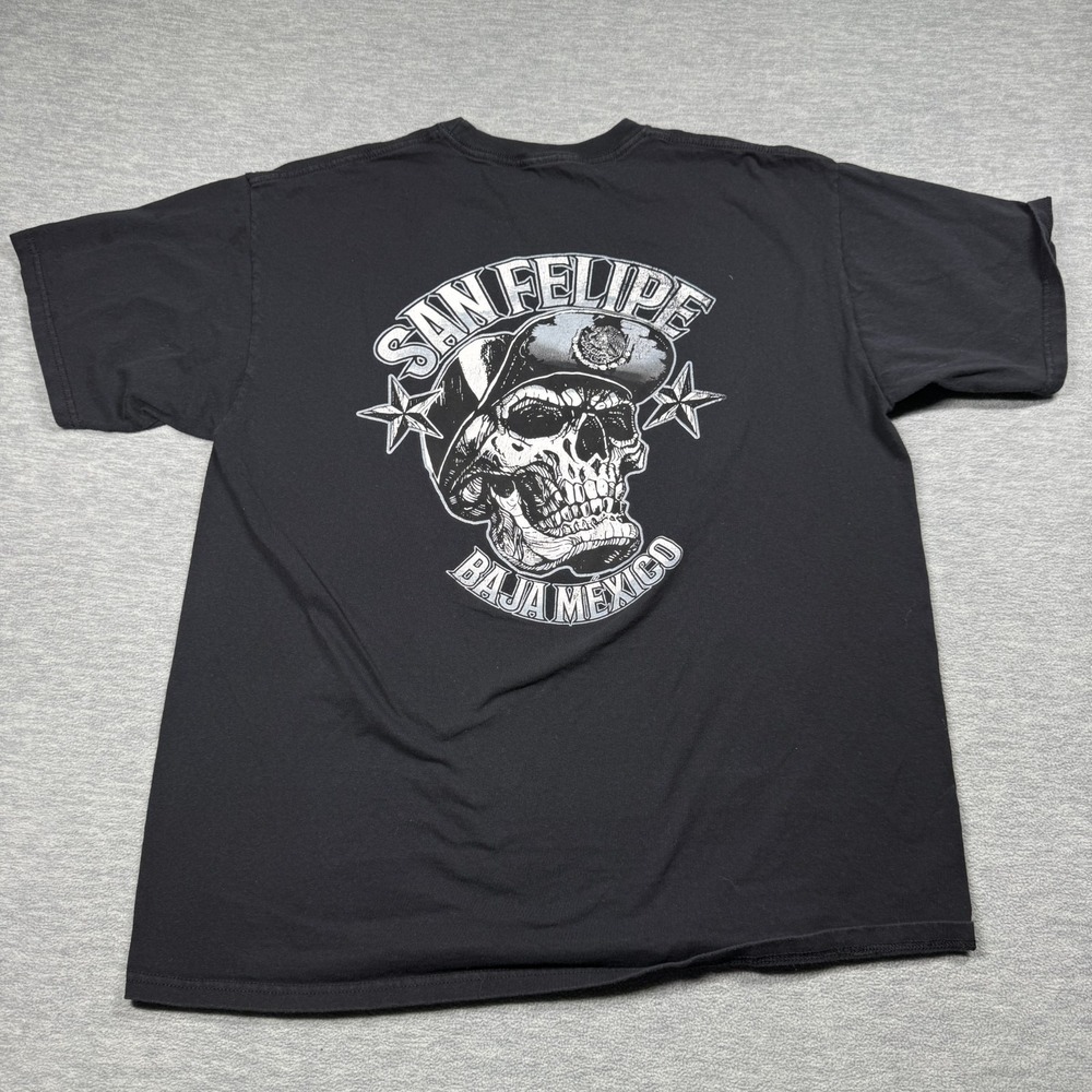 Gildan T-Shirt Mens L Black San Felipe Baja‎ Mexico Skull Biker Graphic Souvenir